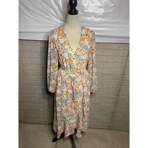 PrettyGarden Floral Long Sleeves V Neck‎ Belted Waist Maxi Dress Size Large